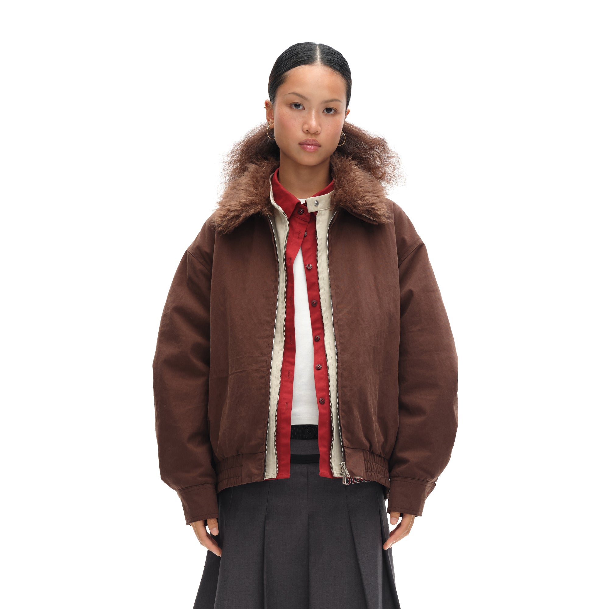 OINIMI Layered Detachable Faux-Fur Harrington Jacket