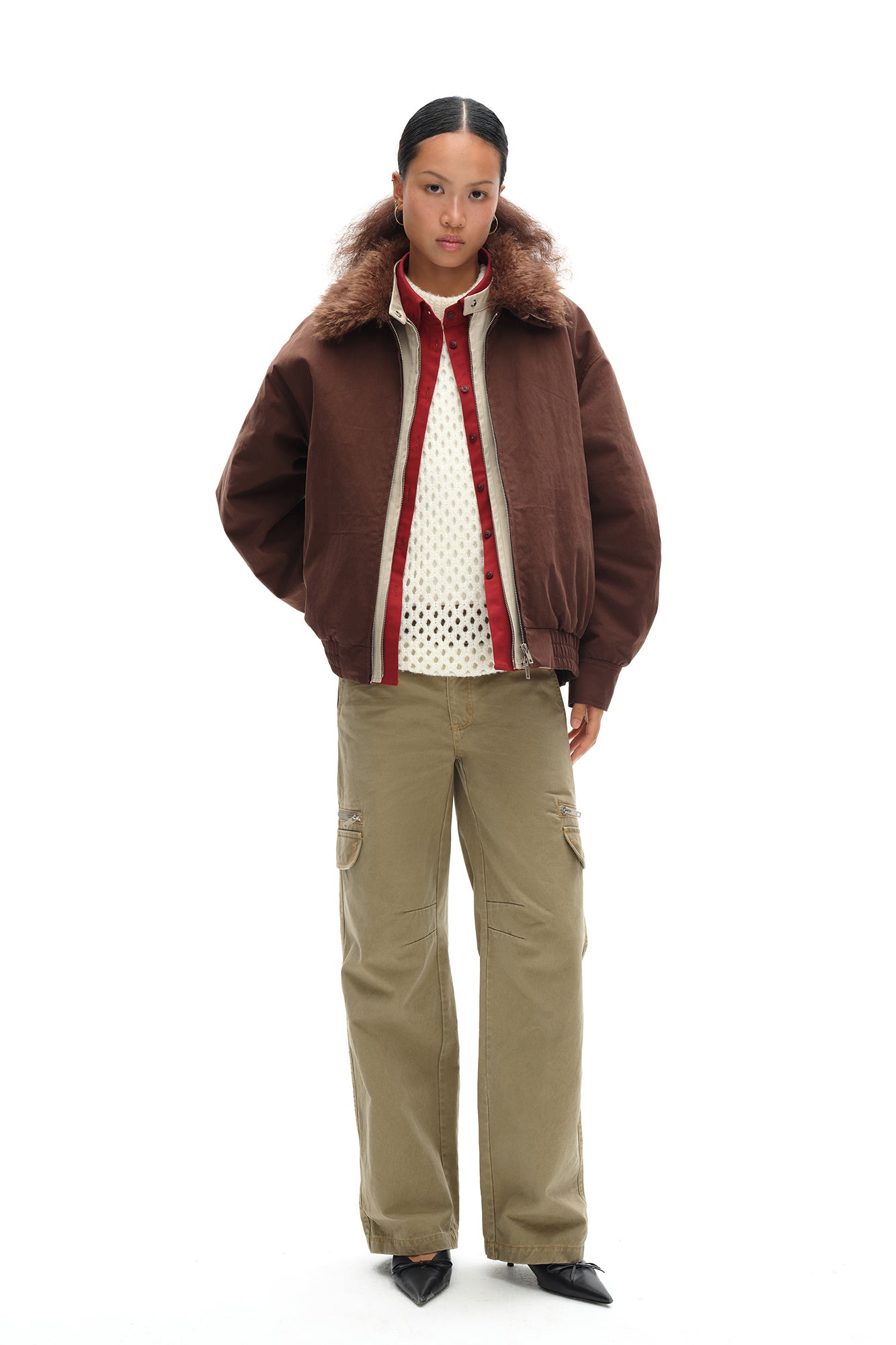 OINIMI Layered Detachable Faux-Fur Harrington Jacket
