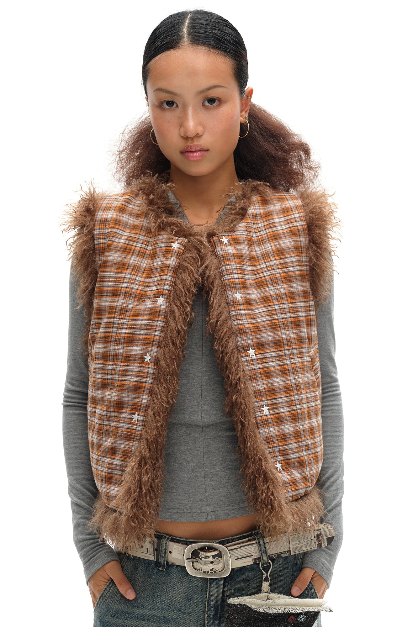 OINIMI Reversible Plaid-Lined Faux Fur Vest