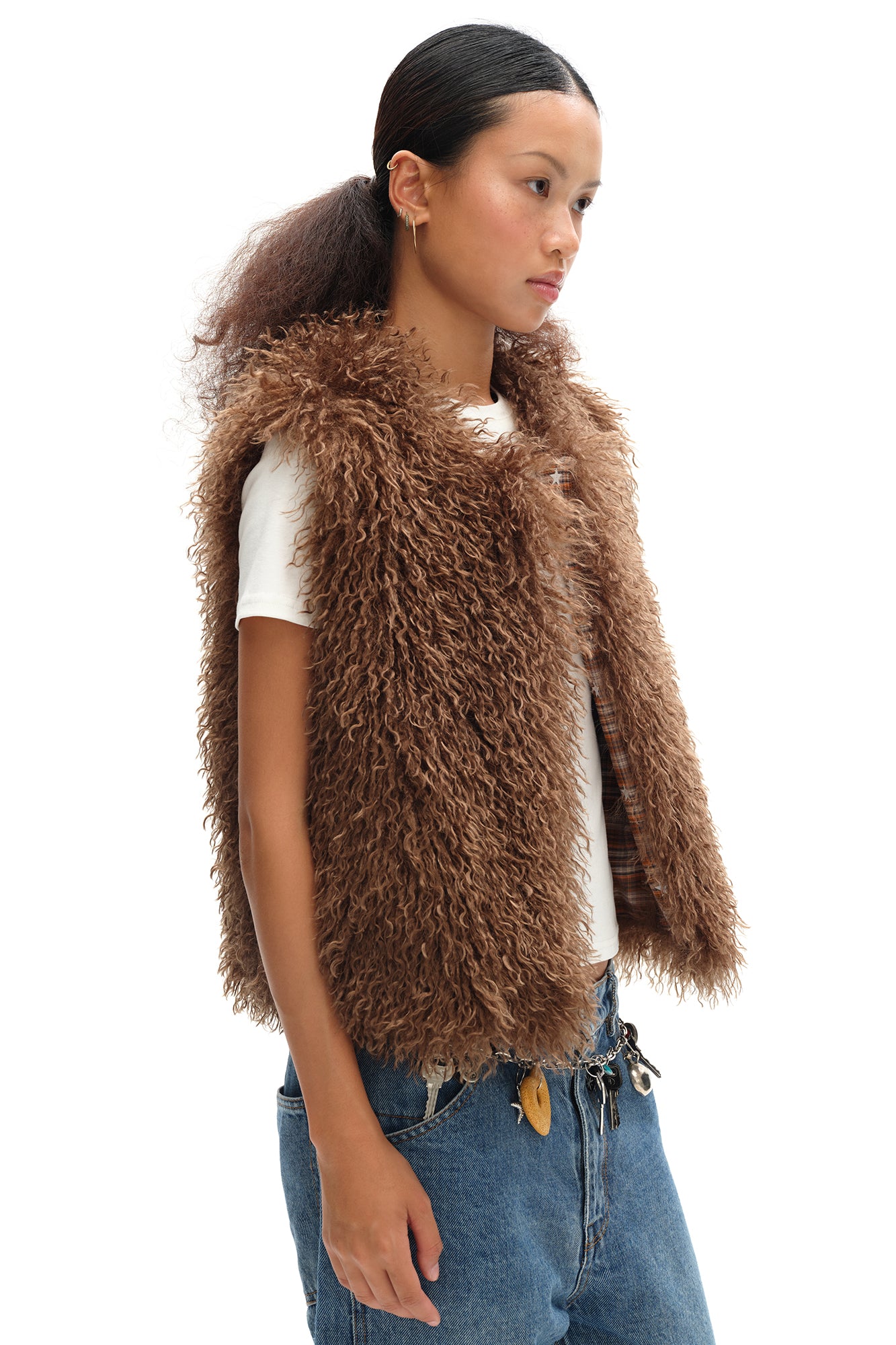 OINIMI Reversible Plaid-Lined Faux Fur Vest