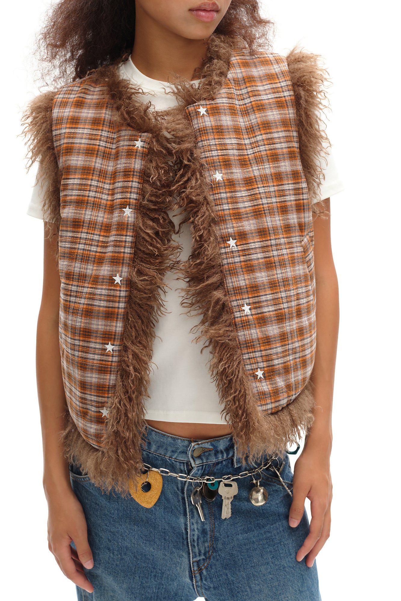 OINIMI Reversible Plaid-Lined Faux Fur Vest