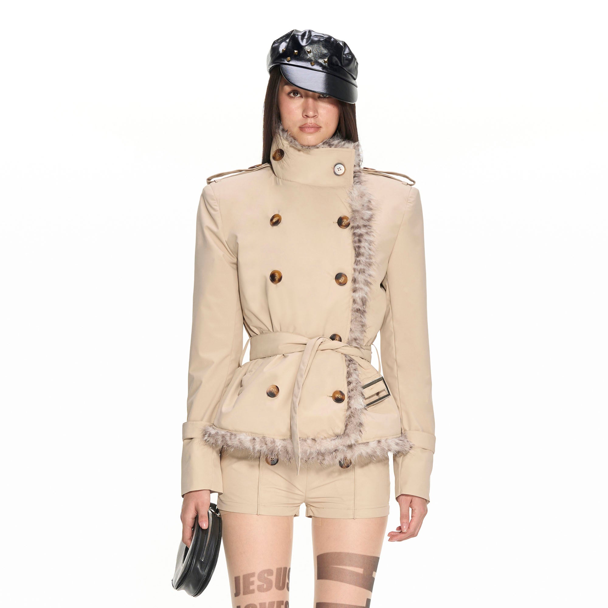 NEVER OFFEND L ANGEL Faux-Fur Trim Double-Breasted Military Set