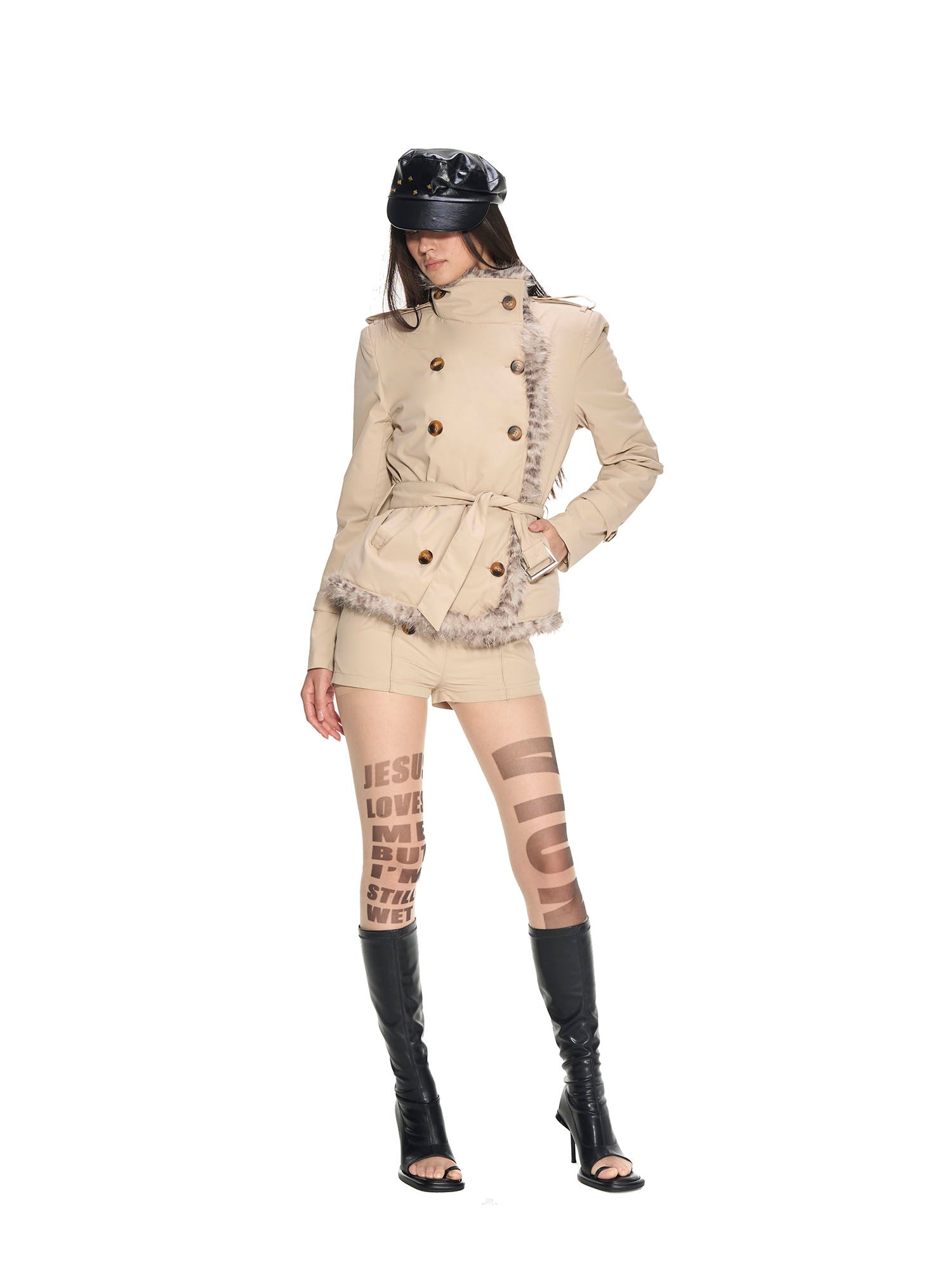 NEVER OFFEND L ANGEL Faux-Fur Trim Double-Breasted Military Set