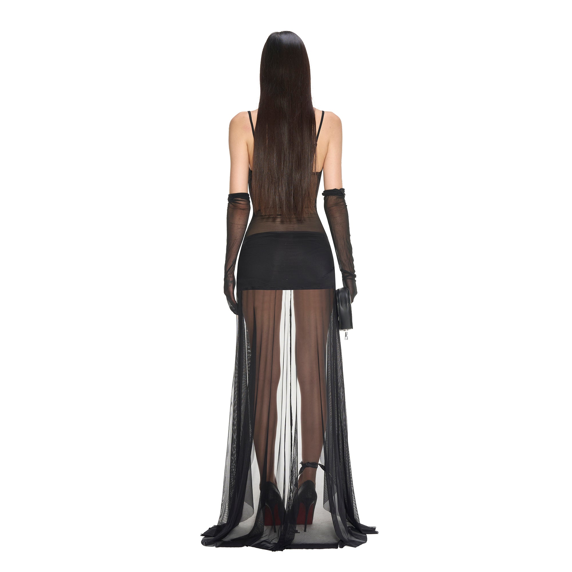 NEVER OFFEND L ANGEL Faux Leather Sheer Paneled Train Dress