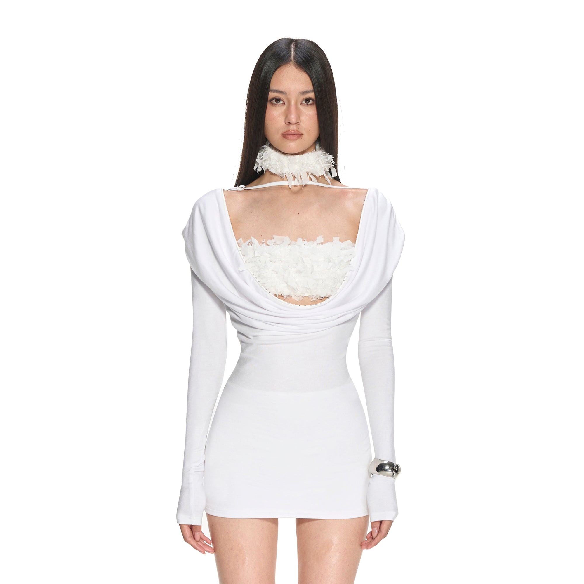 NEVER OFFEND L ANGEL Draped Off-Shoulder Slim Mini Dress