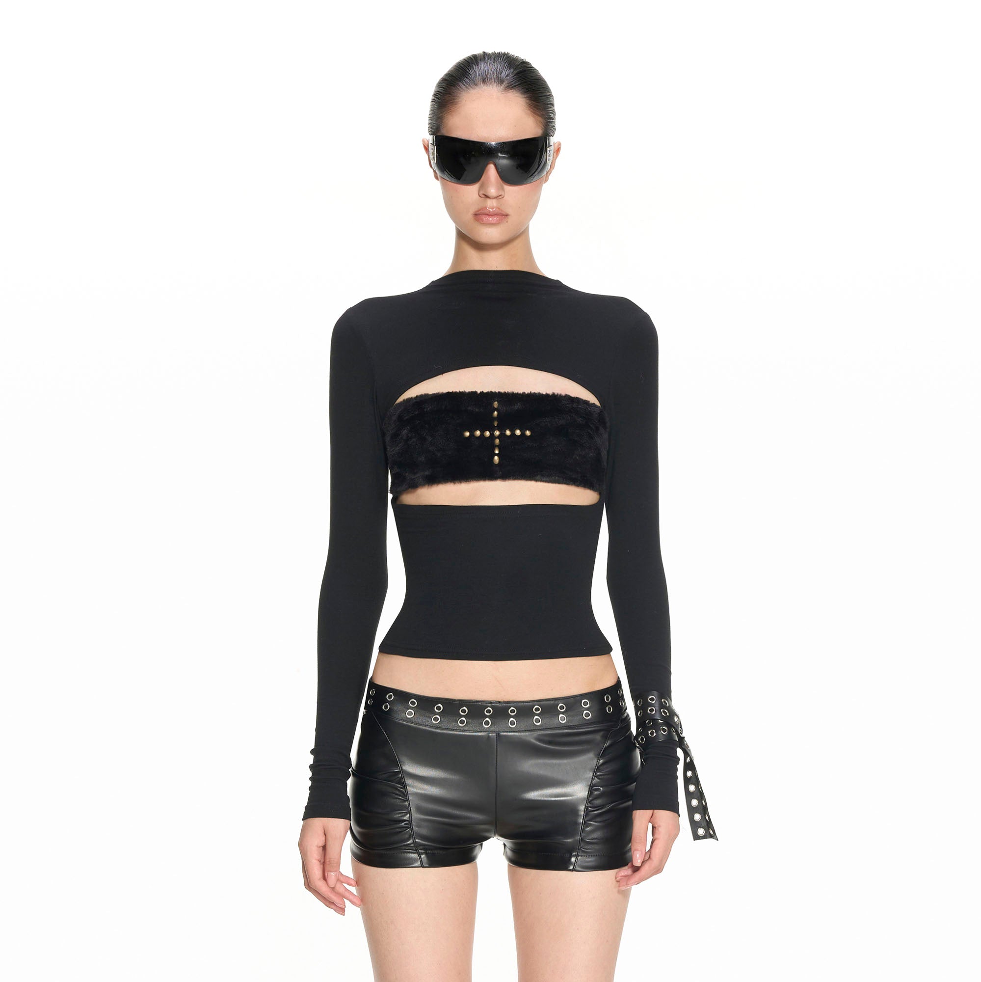 NEVER OFFEND L ANGEL Faux-Fur Bandeau Cross Rivet Cut-Out Top