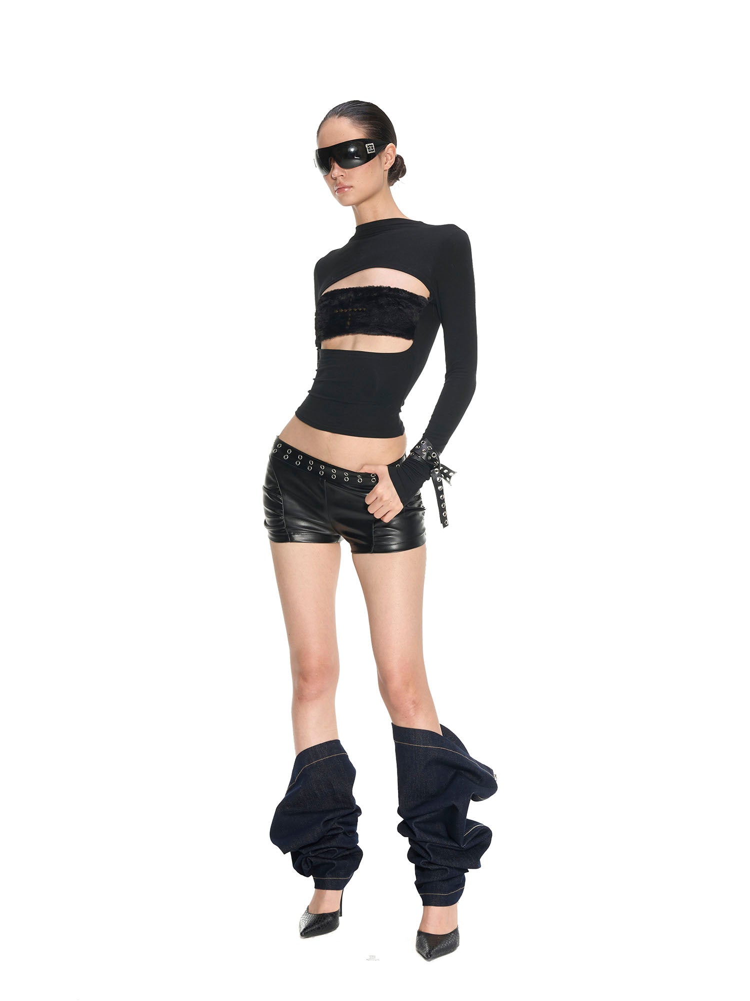 NEVER OFFEND L ANGEL Faux-Fur Bandeau Cross Rivet Cut-Out Top