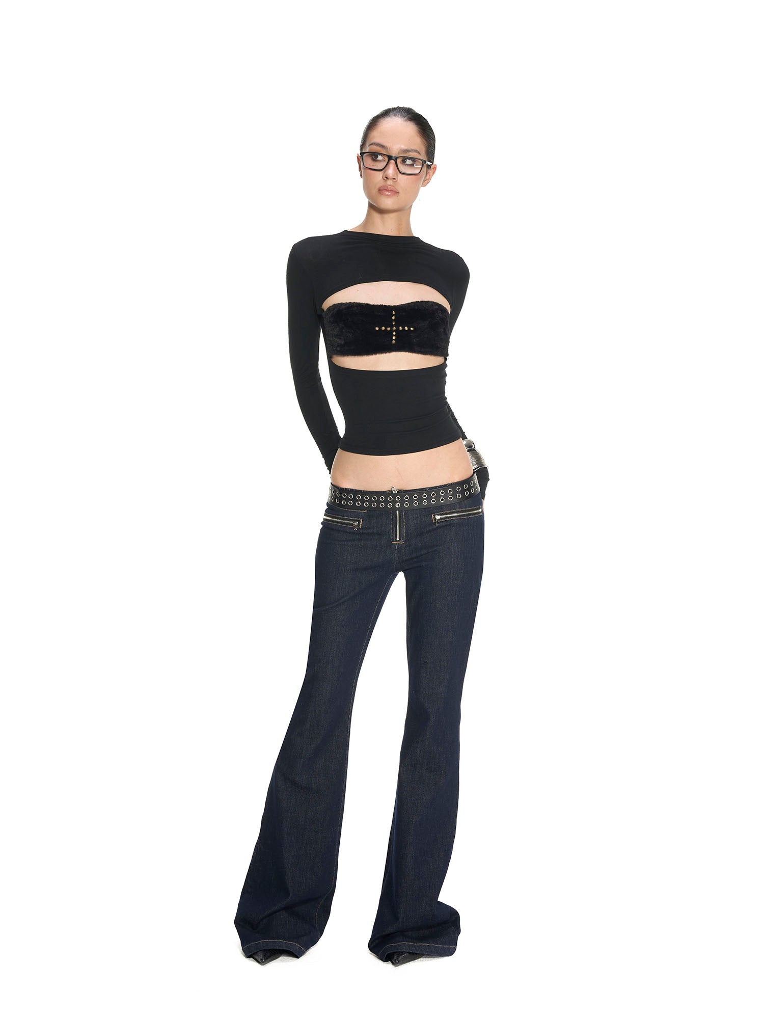 NEVER OFFEND L ANGEL Faux-Fur Bandeau Cross Rivet Cut-Out Top