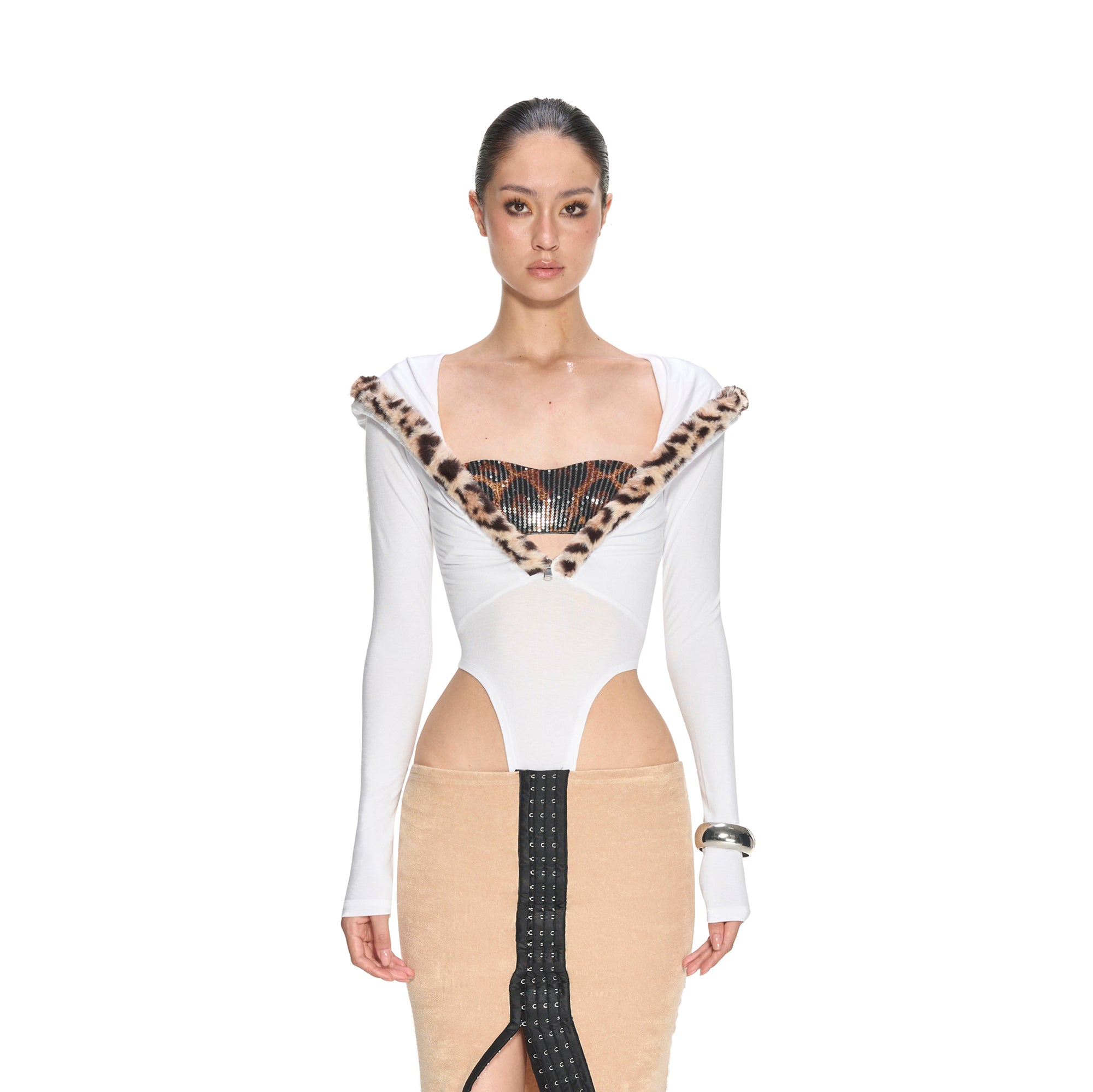 NEVER OFFEND L ANGEL Leopard-Trim Deep-V Zip-Up Knit Bodysuit