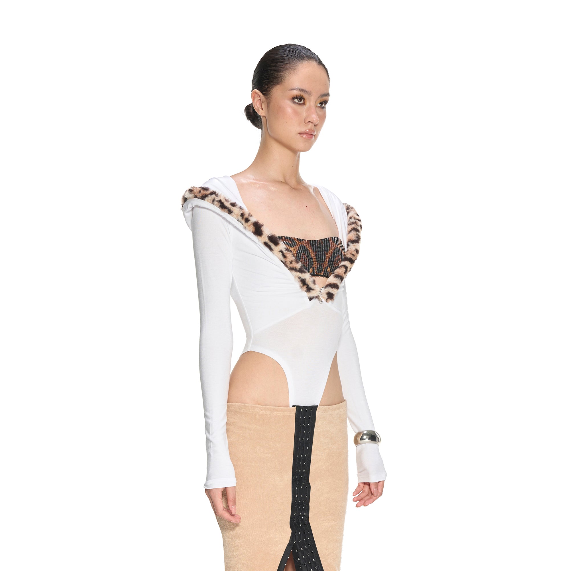 NEVER OFFEND L ANGEL Leopard-Trim Deep-V Zip-Up Knit Bodysuit