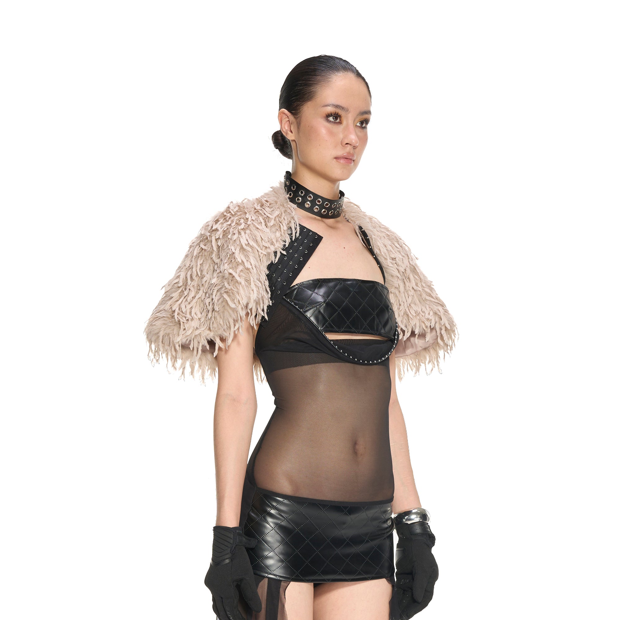 NEVER OFFEND L ANGEL Faux Fur Fringe Button Cape