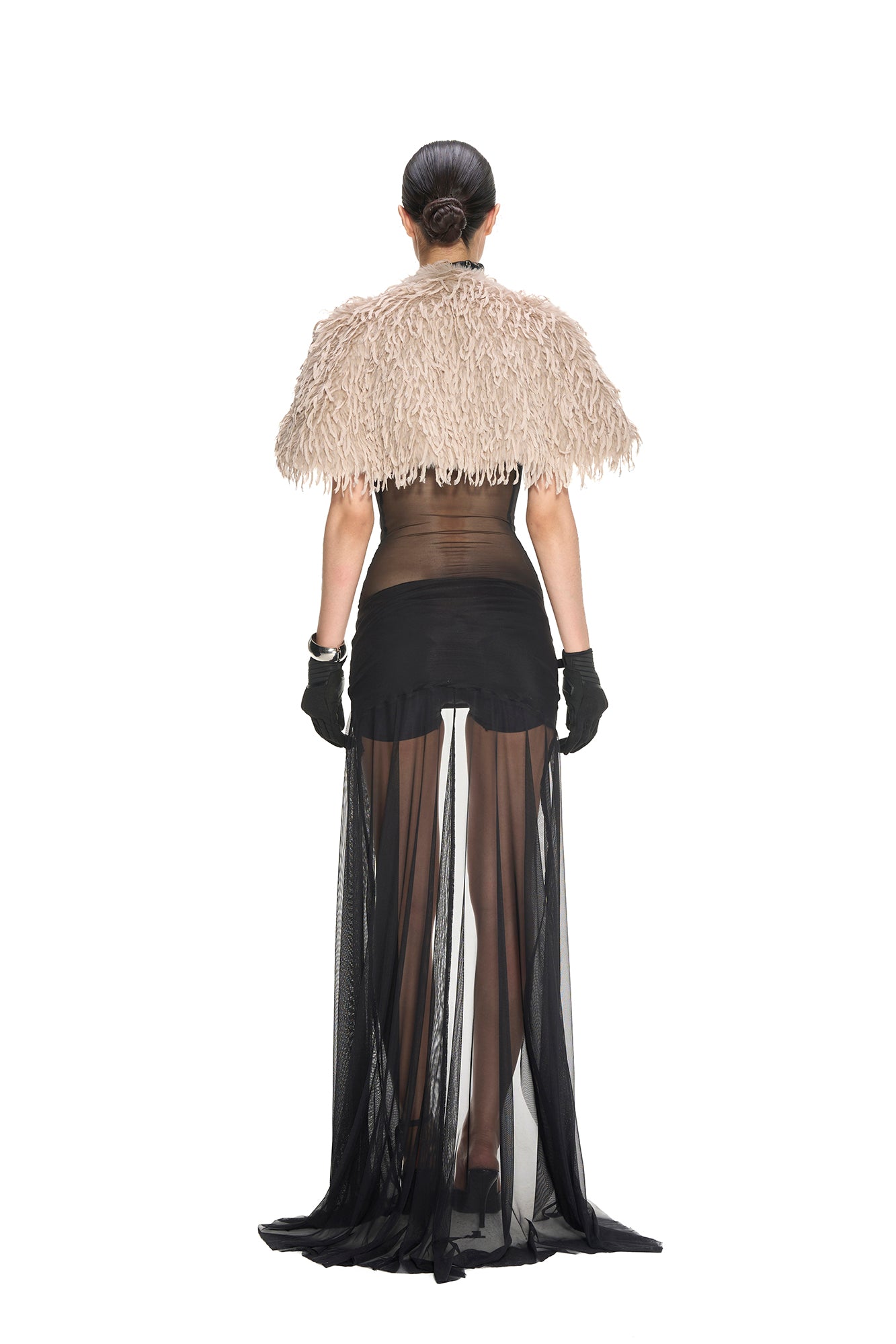 NEVER OFFEND L ANGEL Faux Leather Sheer Paneled Train Dress