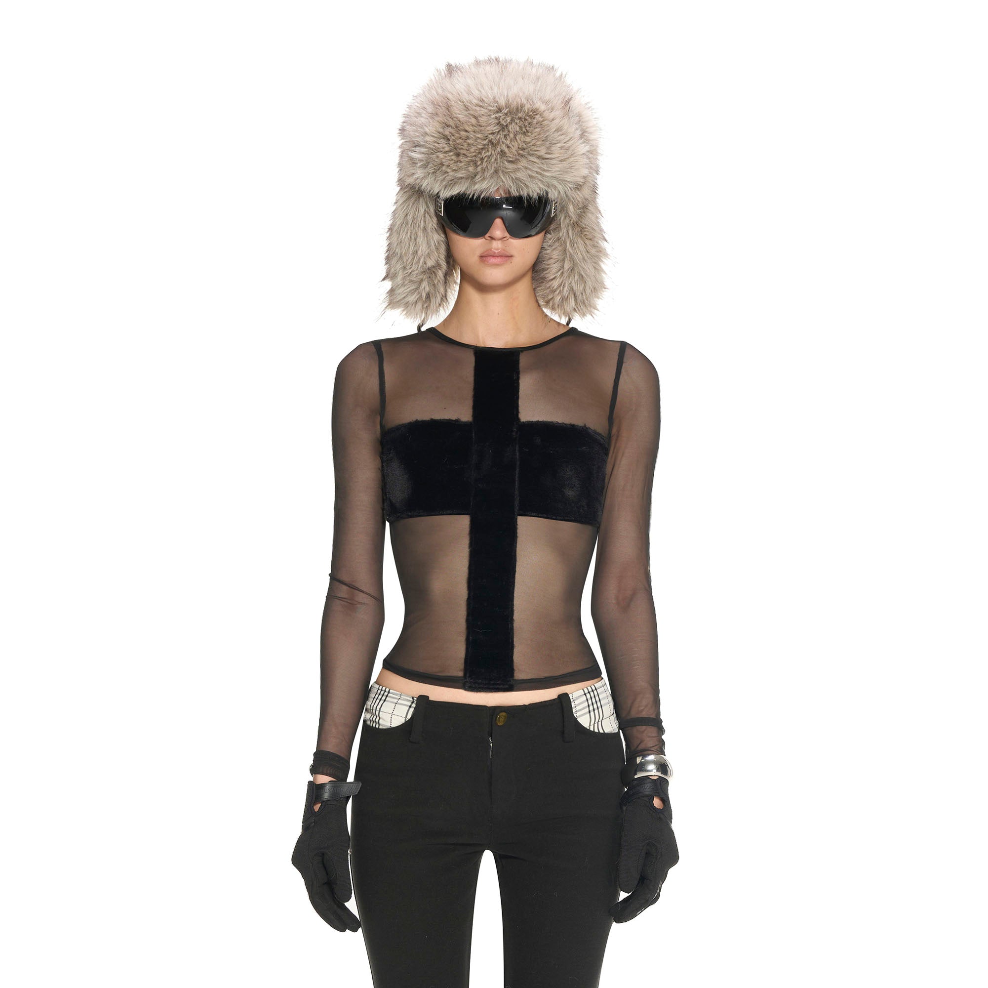 NEVER OFFEND L ANGEL Cross-Panel Faux-Fur Mesh Bodycon Top