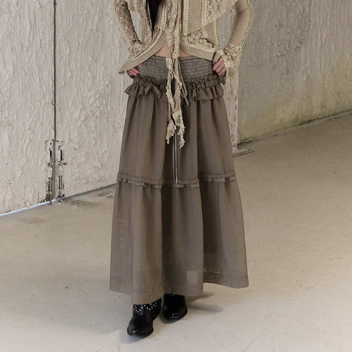 CHANGGUANG YUANZI Spliced Lace Drawstring Flared Skirt