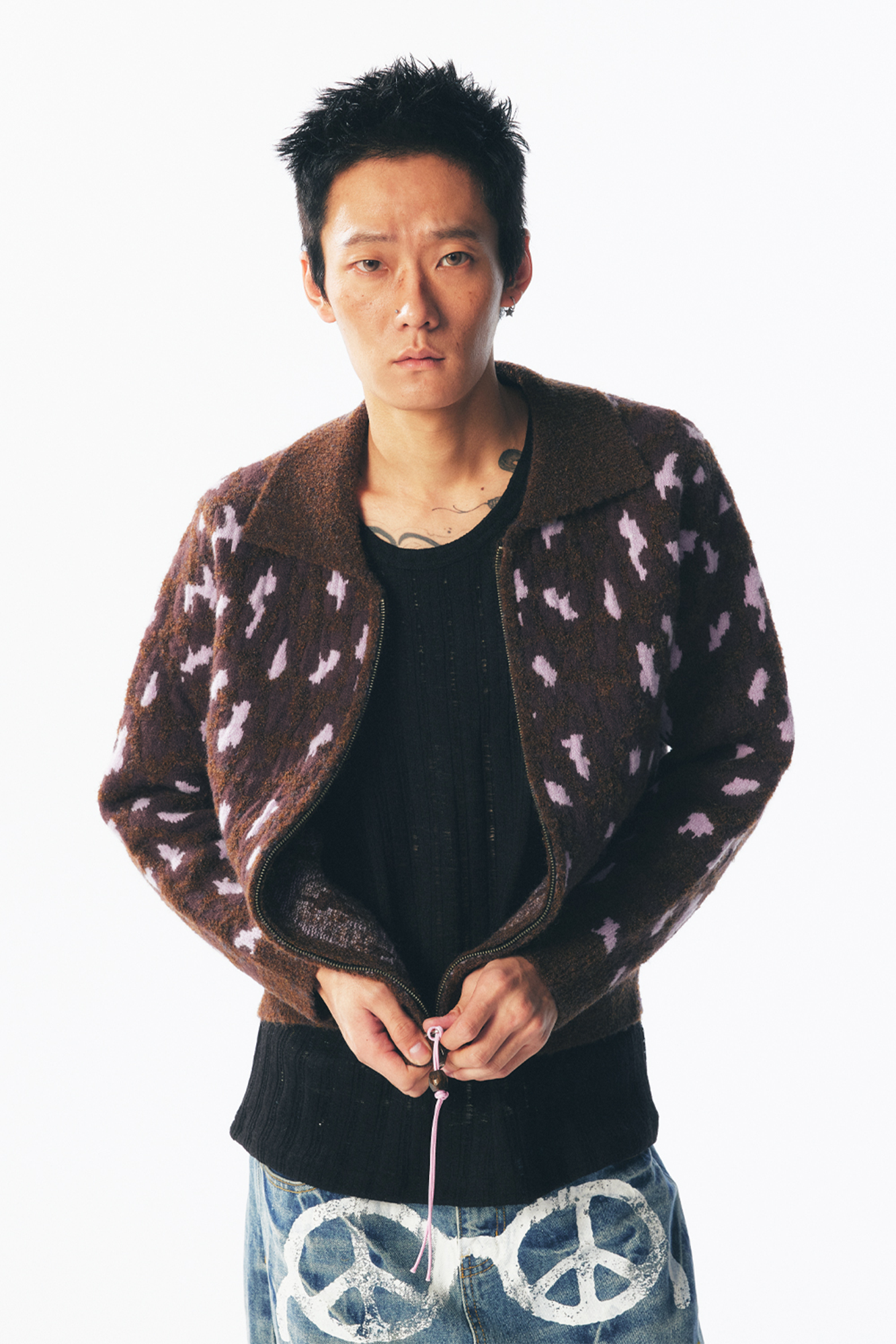 1997 POSTOFFICE Fuzzy Strawberry-Leopard Dual-Zip Knit Jacket