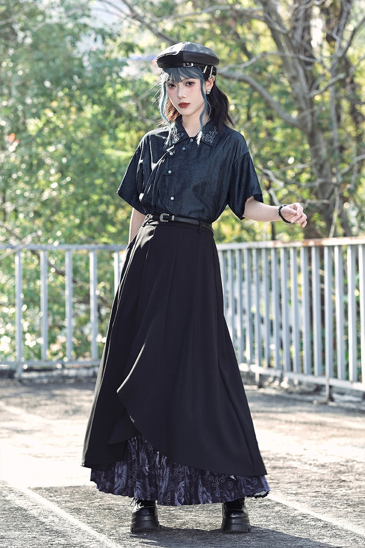 GUGUAI Spliced Pleated Graphic Maxi Skirt — full body · Floating Light Fin Dream Pleated Skirt - Autumn Winter