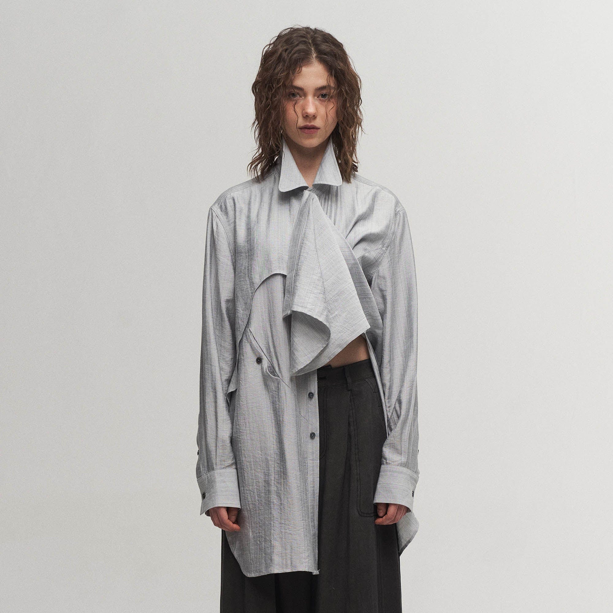 ILNya Nieternite Nifutur Arc Spliced Draped Long Shirt Bluish Silver, premium urban and streetwear designers apparel on PROJECTISR.com, ILNya Nieternite Nifutur