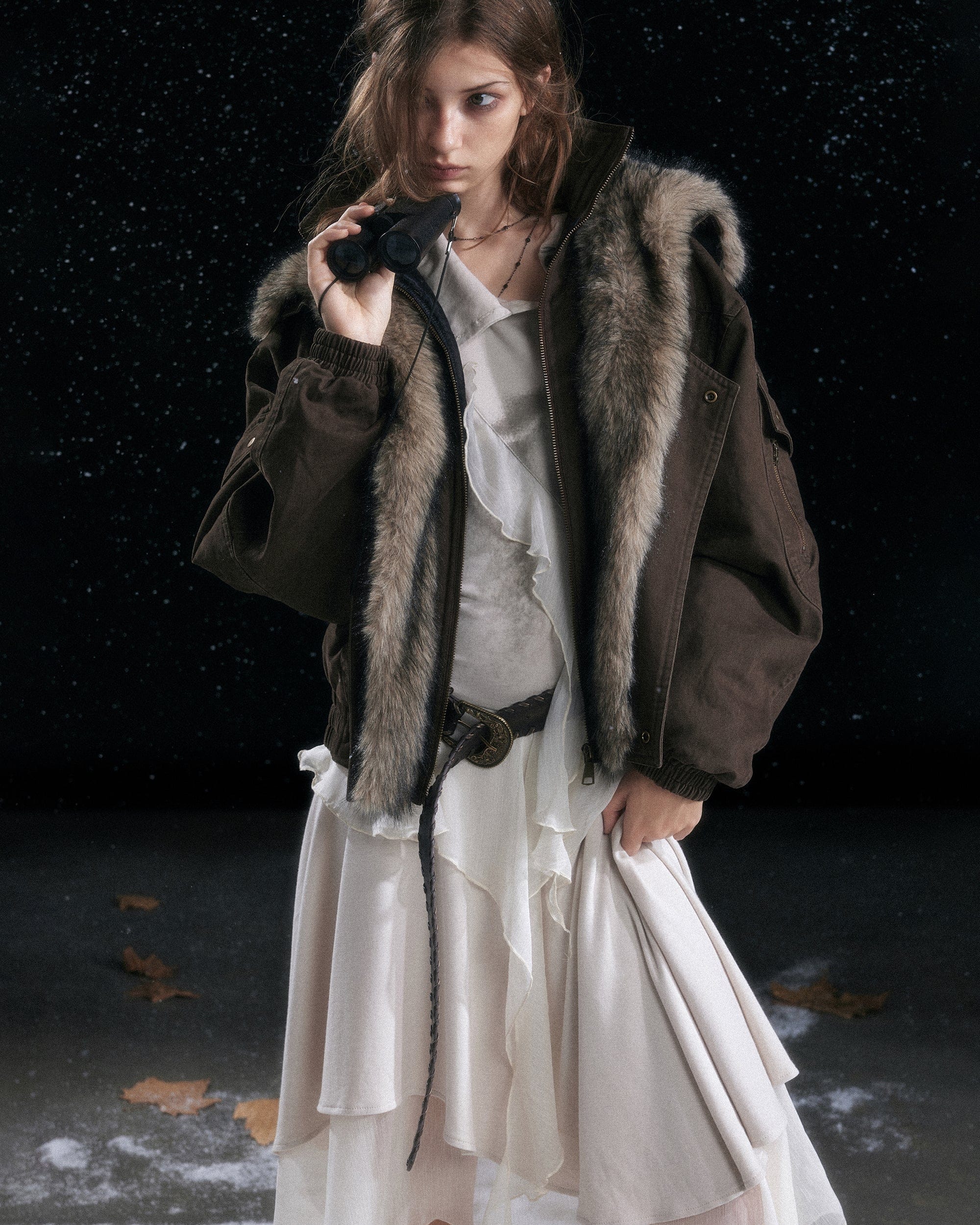 CESTNOUS Retro Detachable Faux-Fur Collar Bomber Jacket