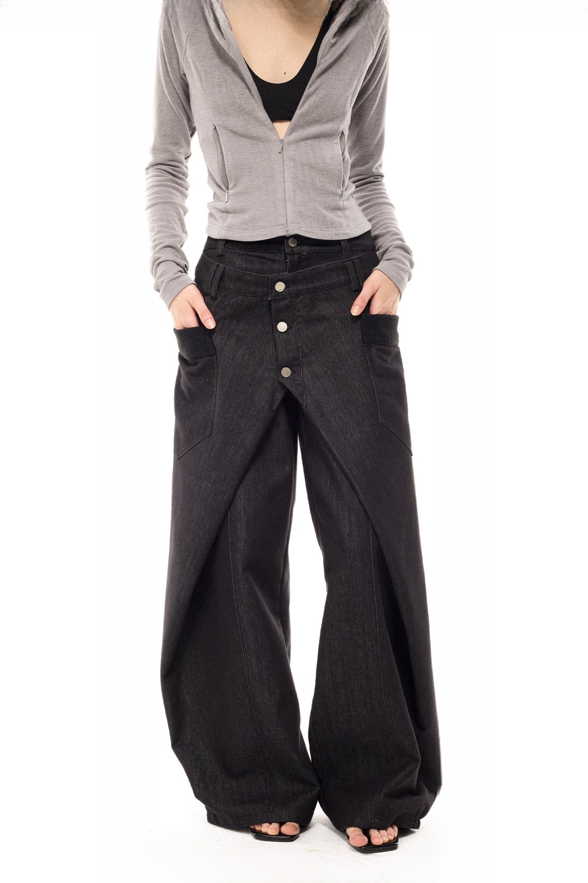 COSTUSTOOT Deconstructed Faux Two-Piece Curved Wide-Leg Black Jeans — half body