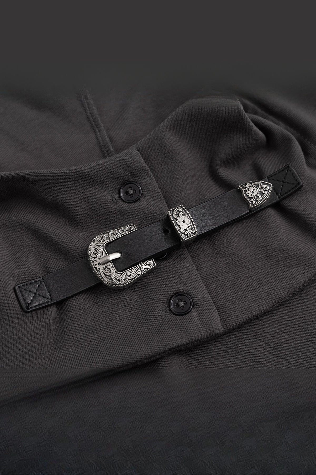 CESTNOUS Belted Frayed Studded Layered Hooded Long-Sleeve Tee — flat-lay detail