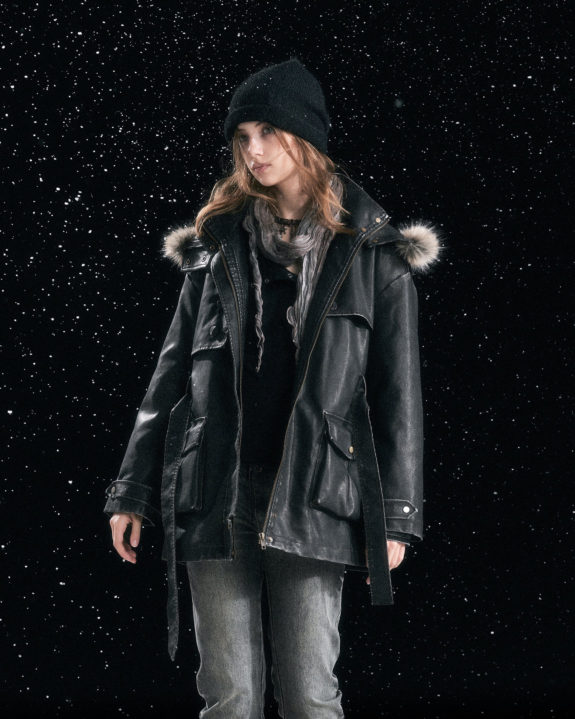 CESTNOUS Distressed Faux-Fur Hood PU Parka Jacket