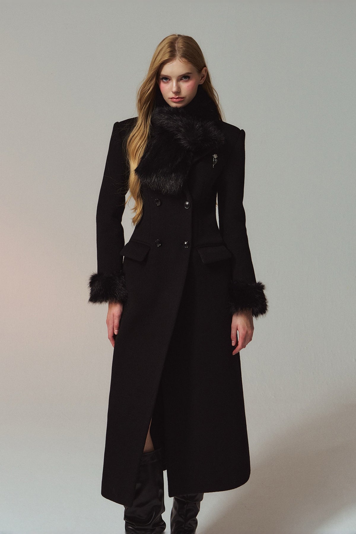 HIIMDAI 100% Wool Double-Faced Long Coat — half body · Classic Black