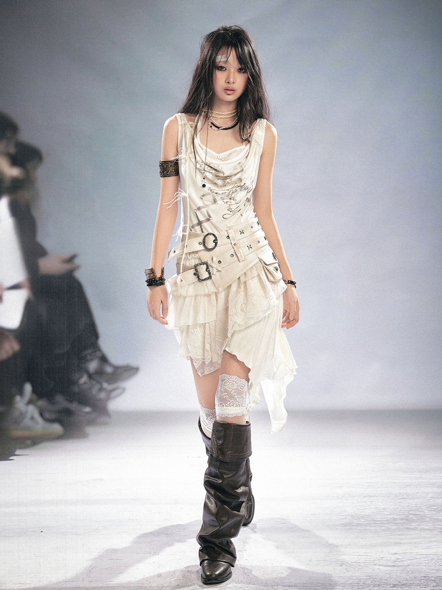 CESTNOUS Asym Layered Lace Cowl Neck Dress