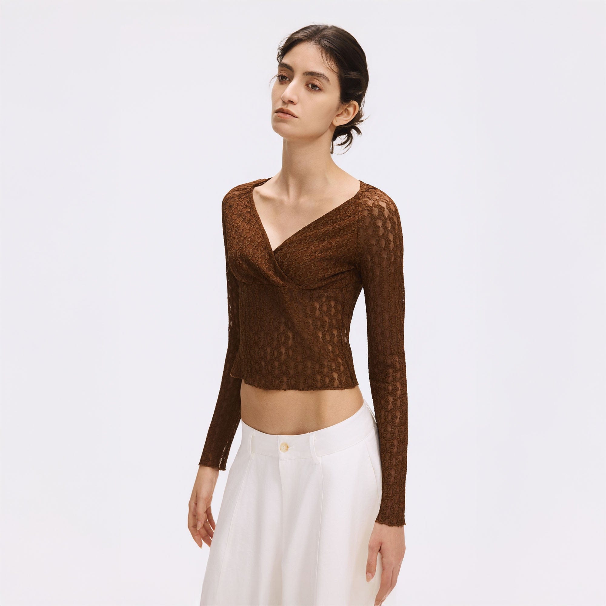ARTIFICIAL WORLD Lace Wrap-Neck Long-Sleeve Tee