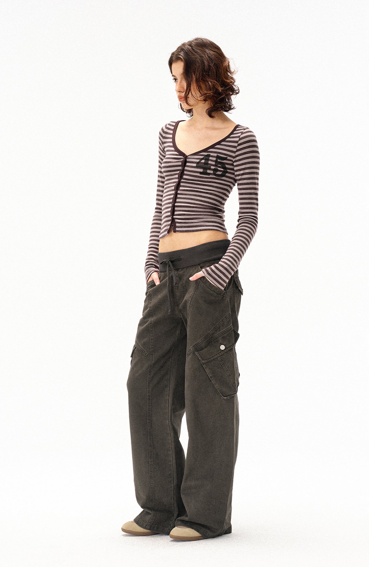 COSTUSTOOT Multi-Pocket Washed Distressed Ribbed Waist Cargo Pants