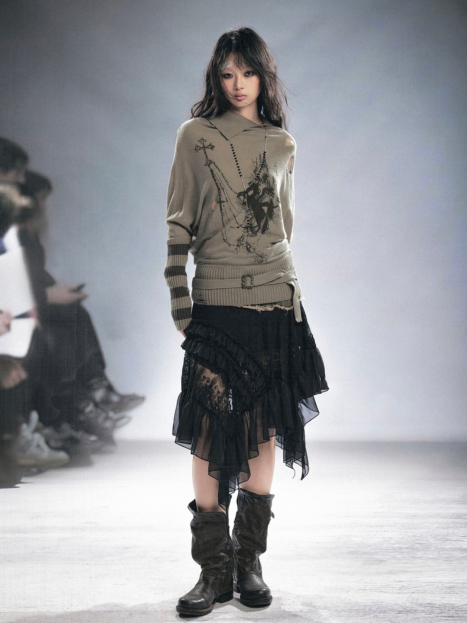 CESTNOUS Gothic Graphic Striped Bat-Sleeve Sweater