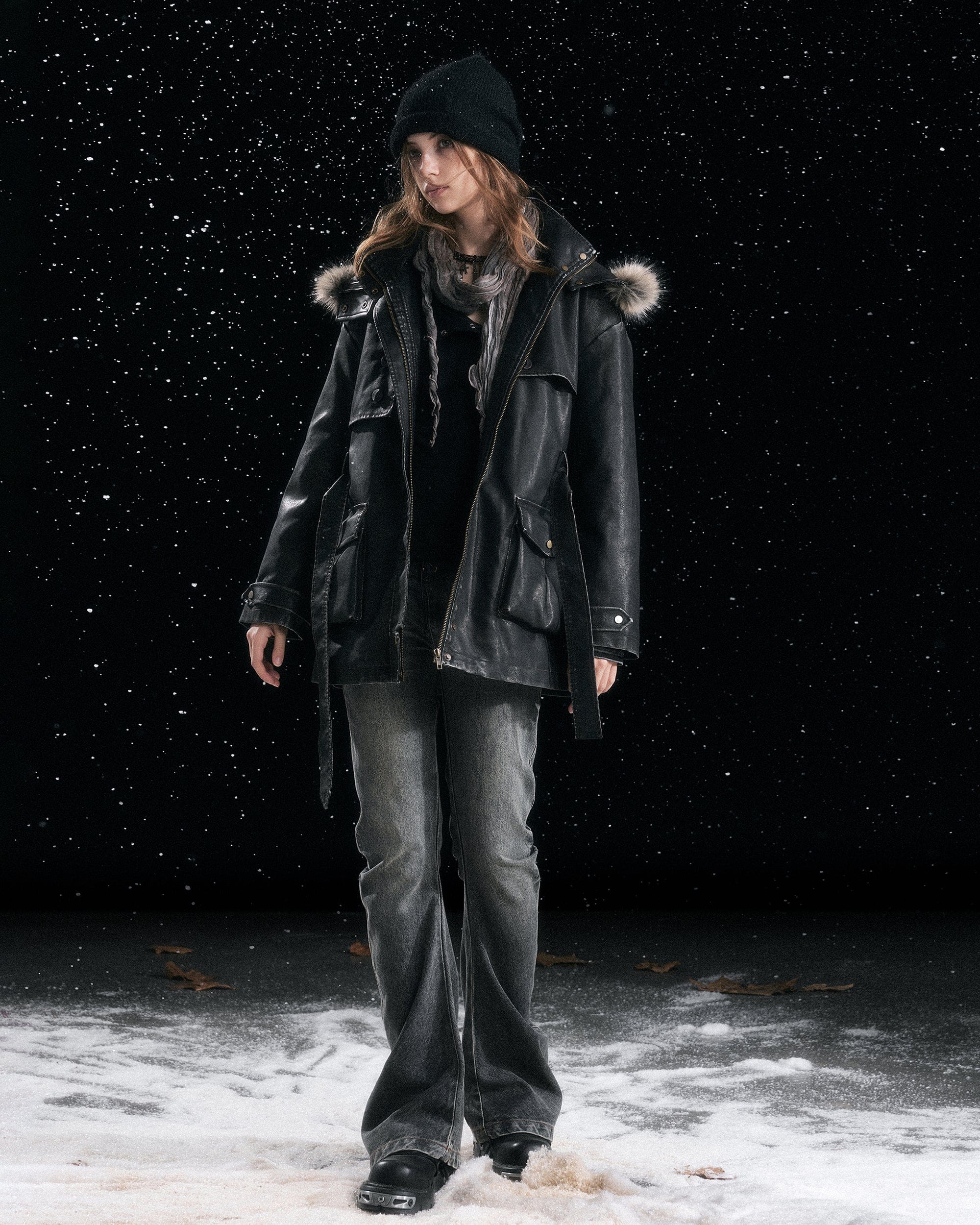 CESTNOUS Distressed Faux-Fur Hood PU Parka Jacket