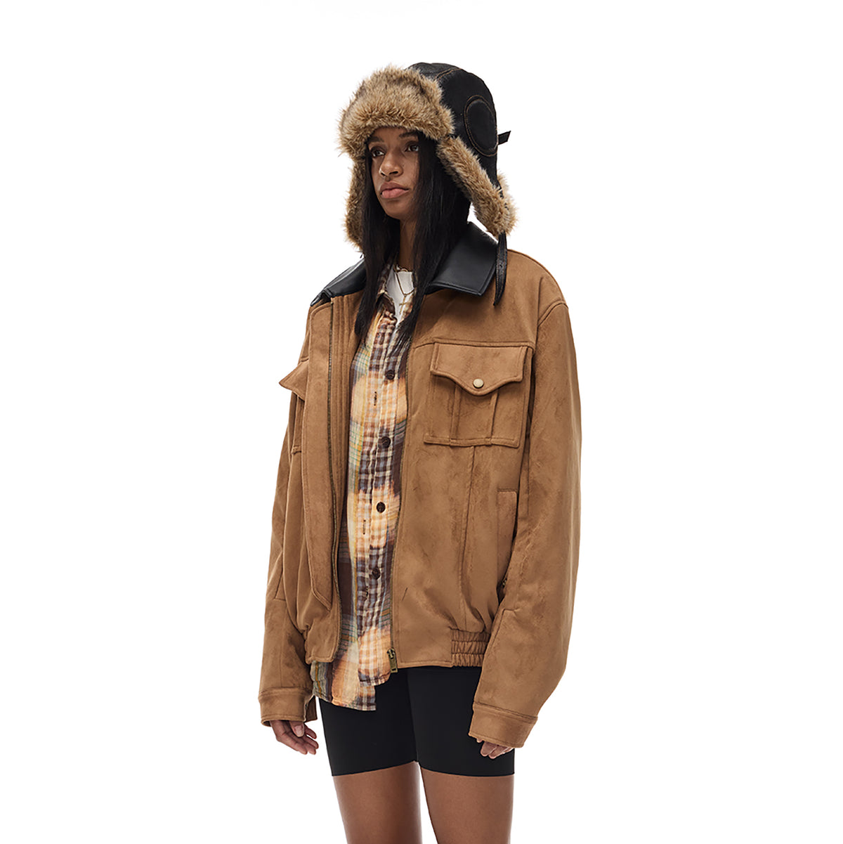 COSTUSTOOT Contrast-Collar Suede Oversized Big-Pocket Jacket
