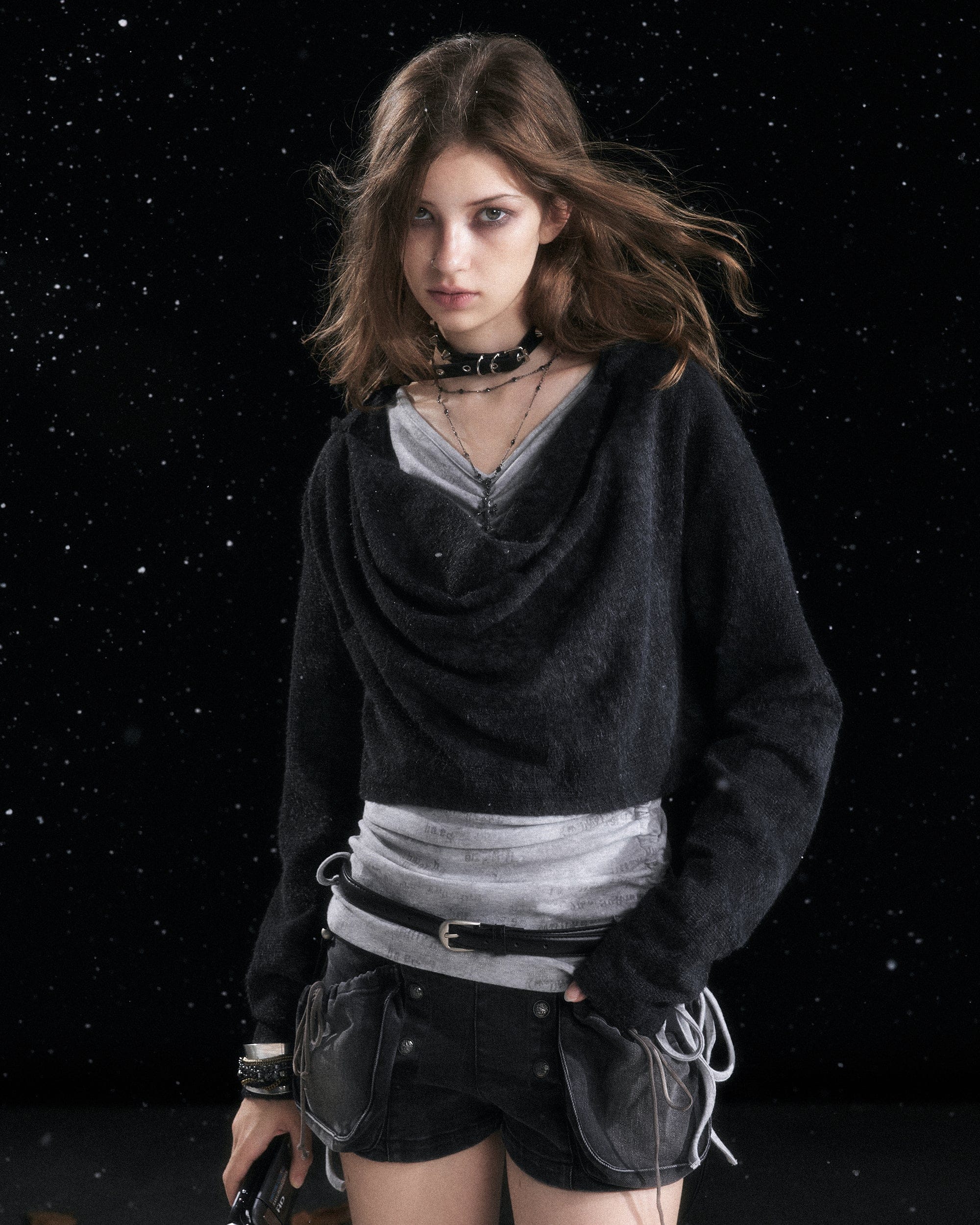 CESTNOUS Distressed Drape Layered Hooded Long-Sleeve Tee