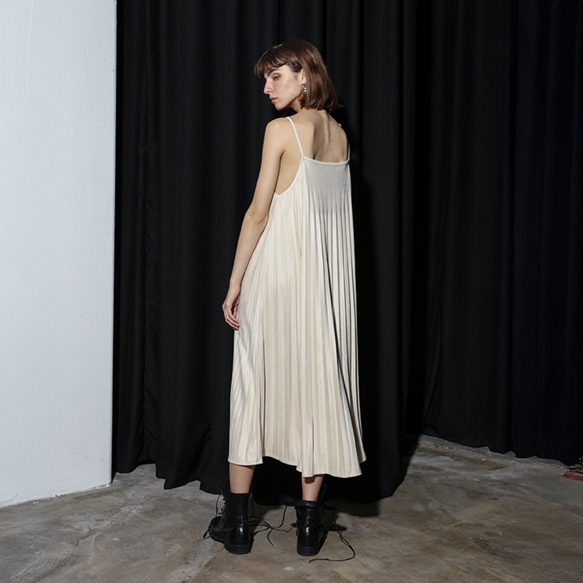 CAIRA Pleated Suede Cami Midi Dress