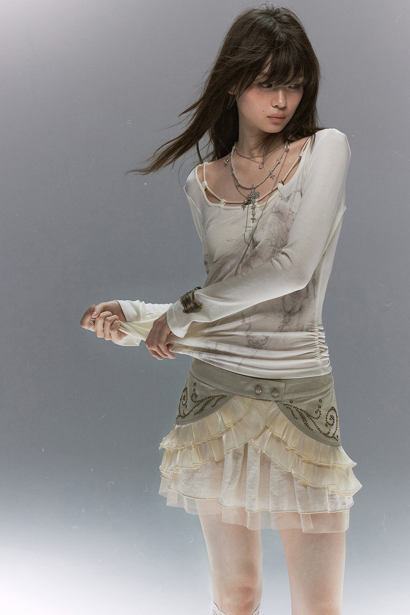 CESTNOUS Scroll-Embellished Layered Ruffle Mini Skirt