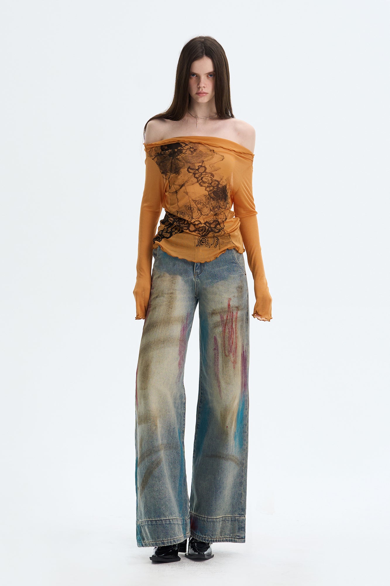 THE NEVERMORE Sheer Off-Shoulder Lettuce Edge Tee