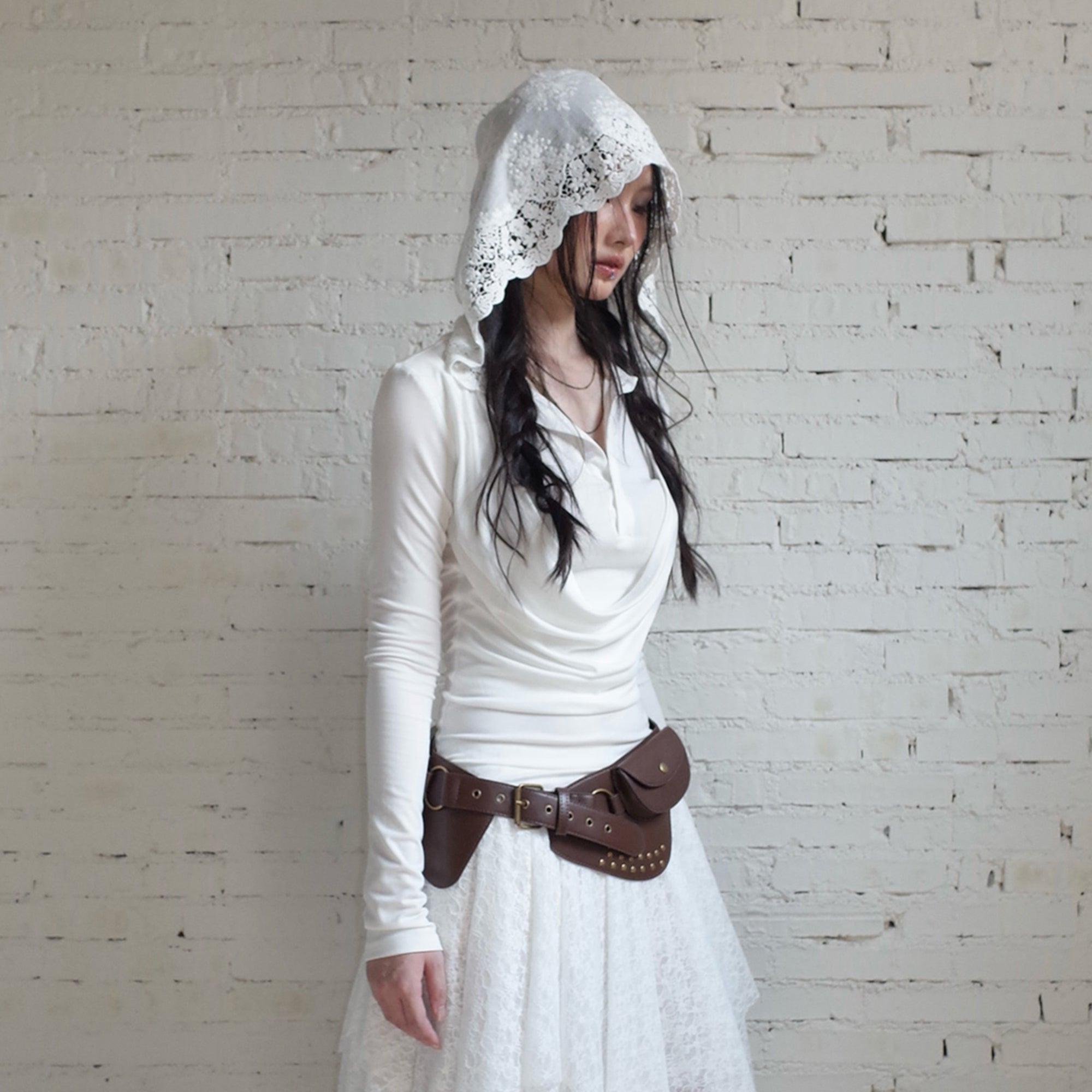 RIDK Layered Cowl Collar Lace Hooded Top