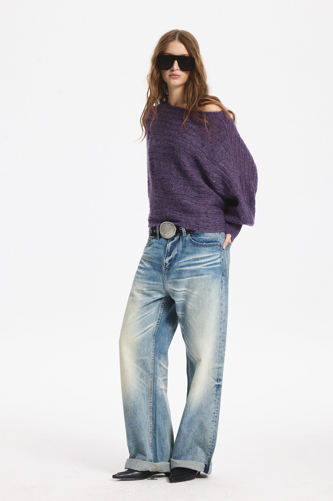 LEONSENSE Sheer One-Shoulder Slouchy Sweater