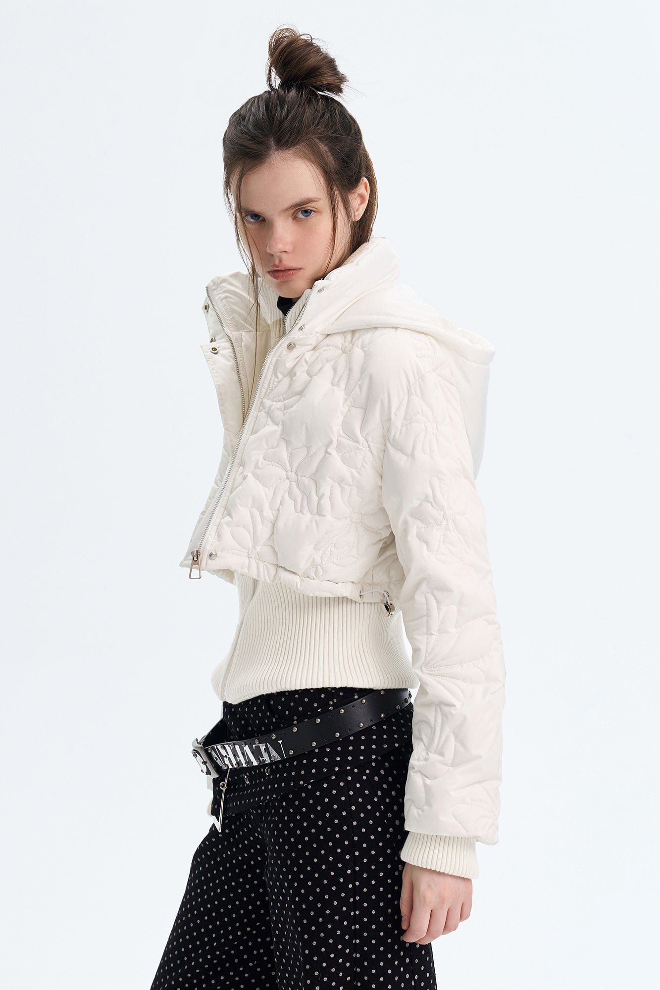 THE NEVERMORE Floral Quilted Mock-Layered Cropped Down Jacket