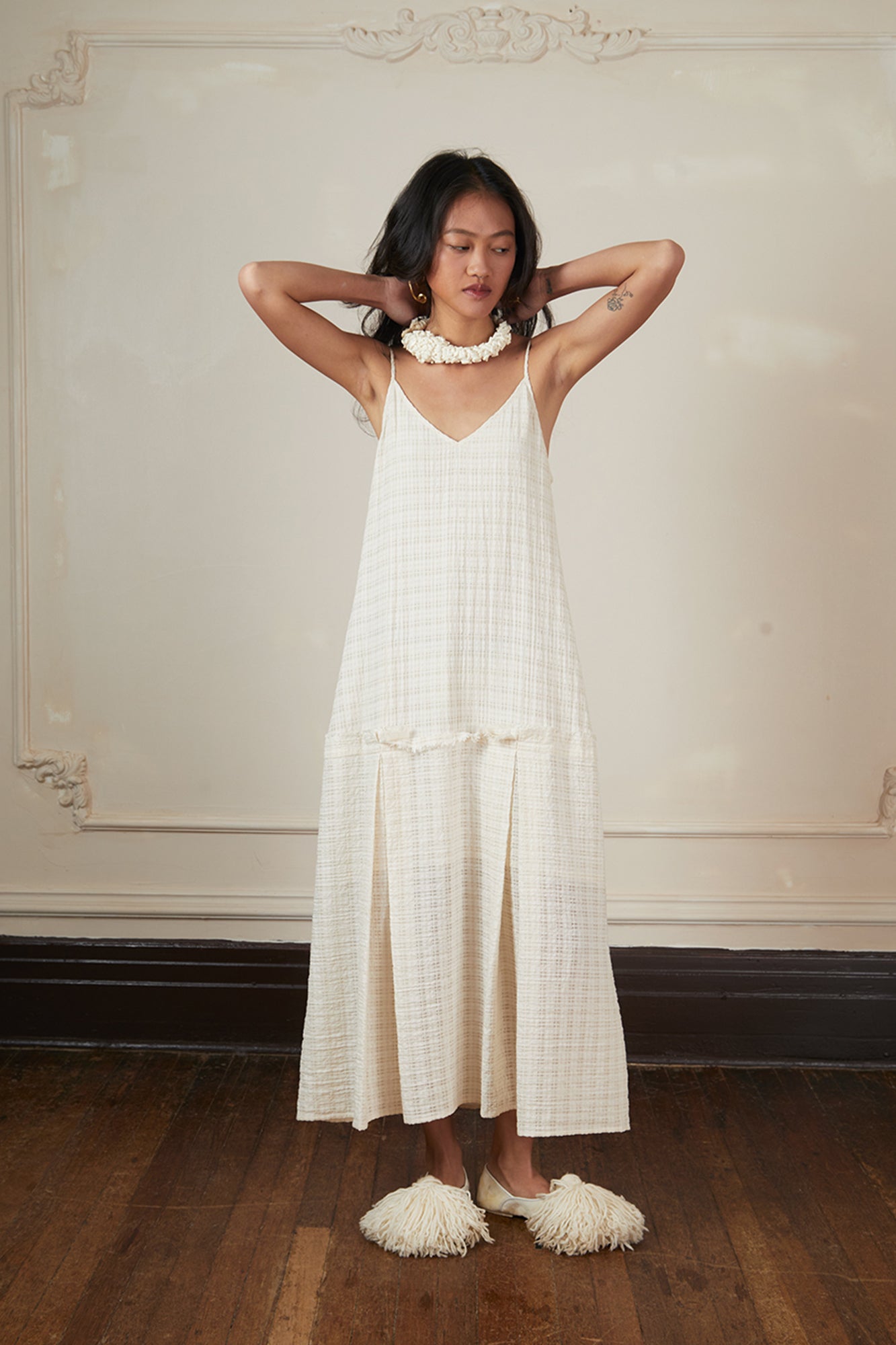 CAIRA Crinkled Frayed Seam Drop-Waist Maxi Dress