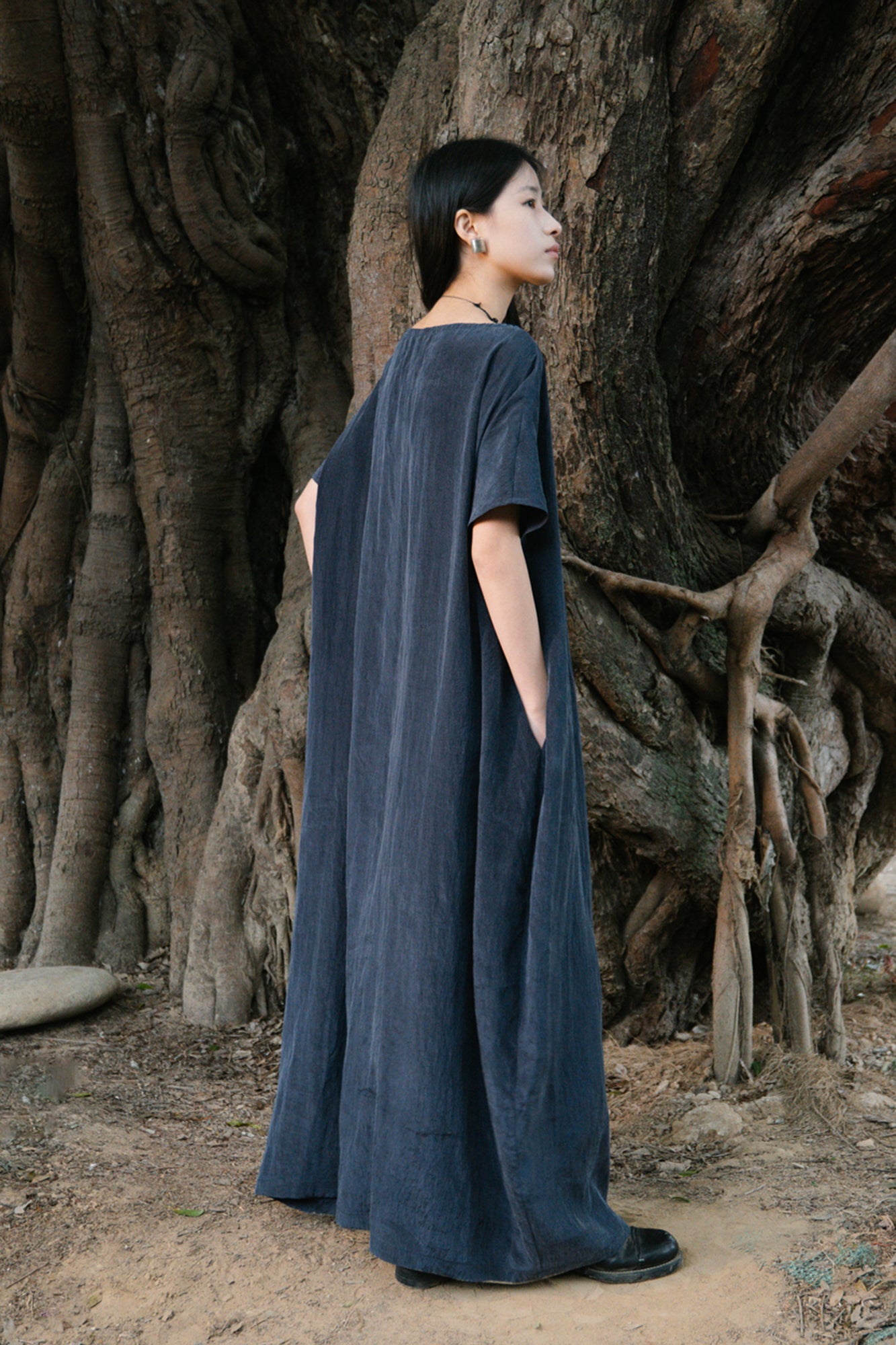 CAIRA Washed Drawstring Neck Maxi Dress