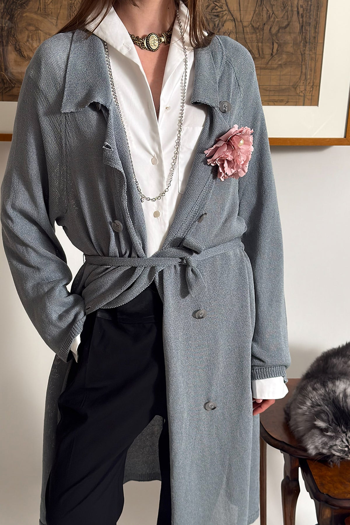 WINGFREE Silk-Blended Double-Breasted Oversized Coat