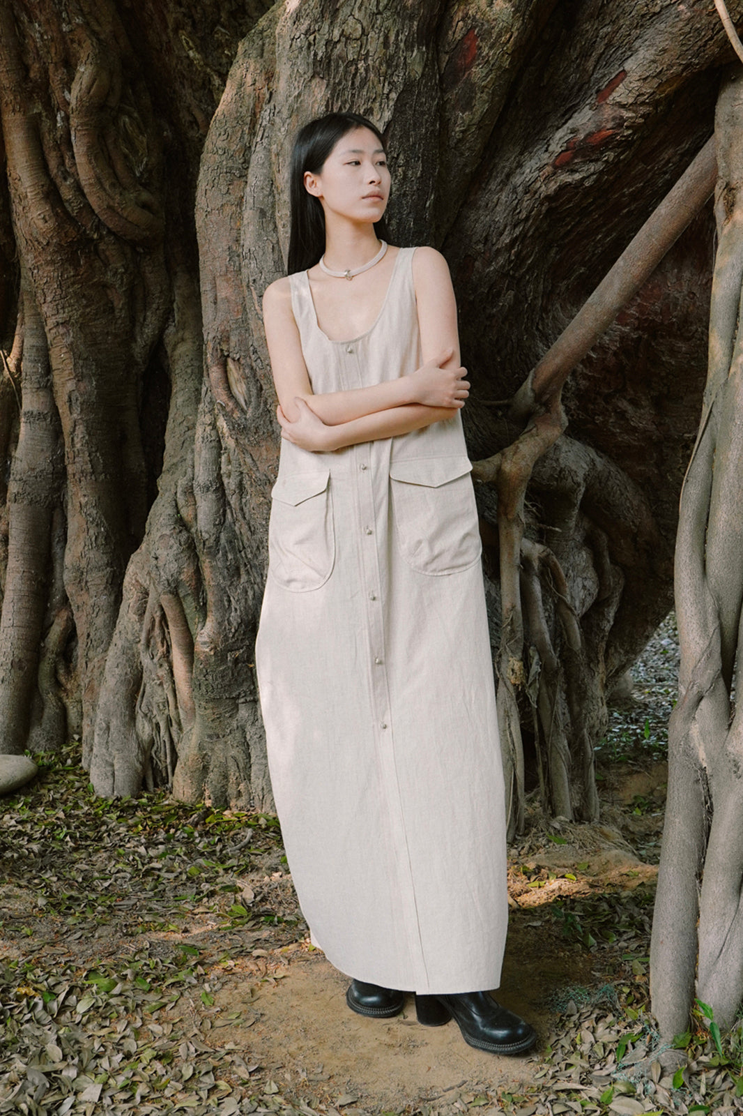 CAIRA Utility Pocket Button-Front Maxi Dress