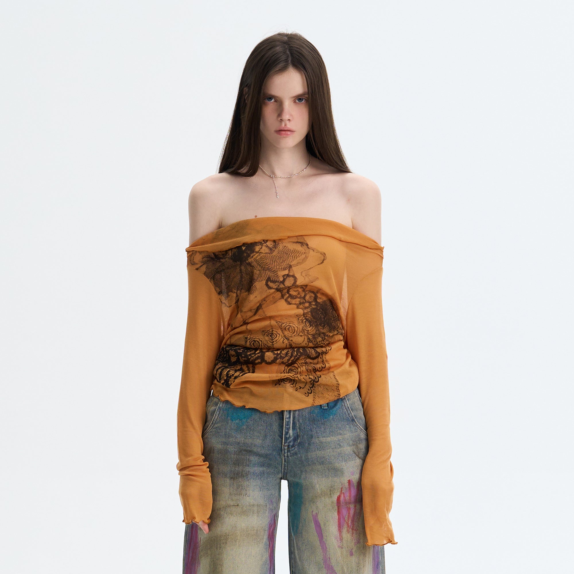 THE NEVERMORE Sheer Off-Shoulder Lettuce Edge Tee