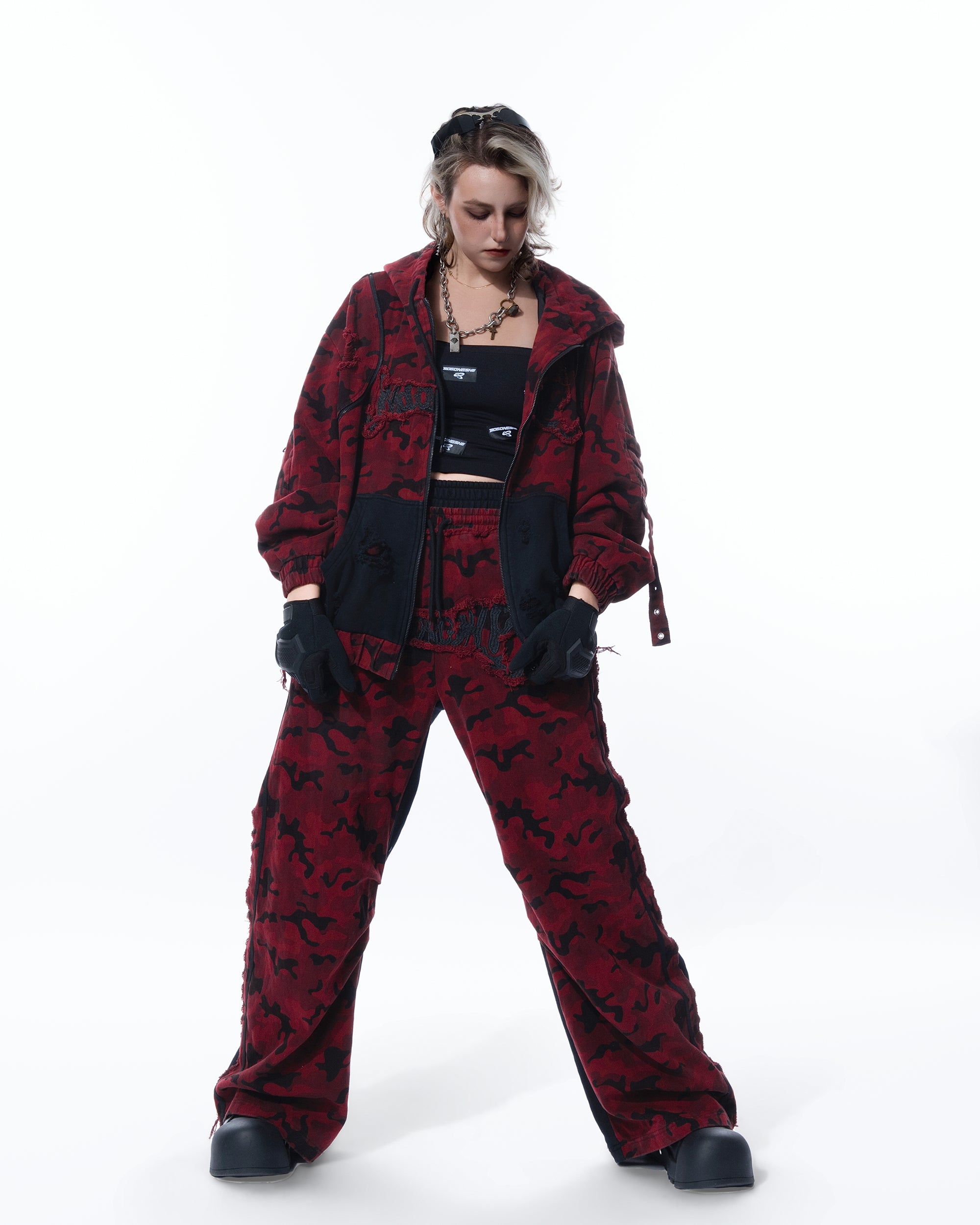 MOGONGSHE Camo Contrast Panel Double-Waist Oversized Sweatpants