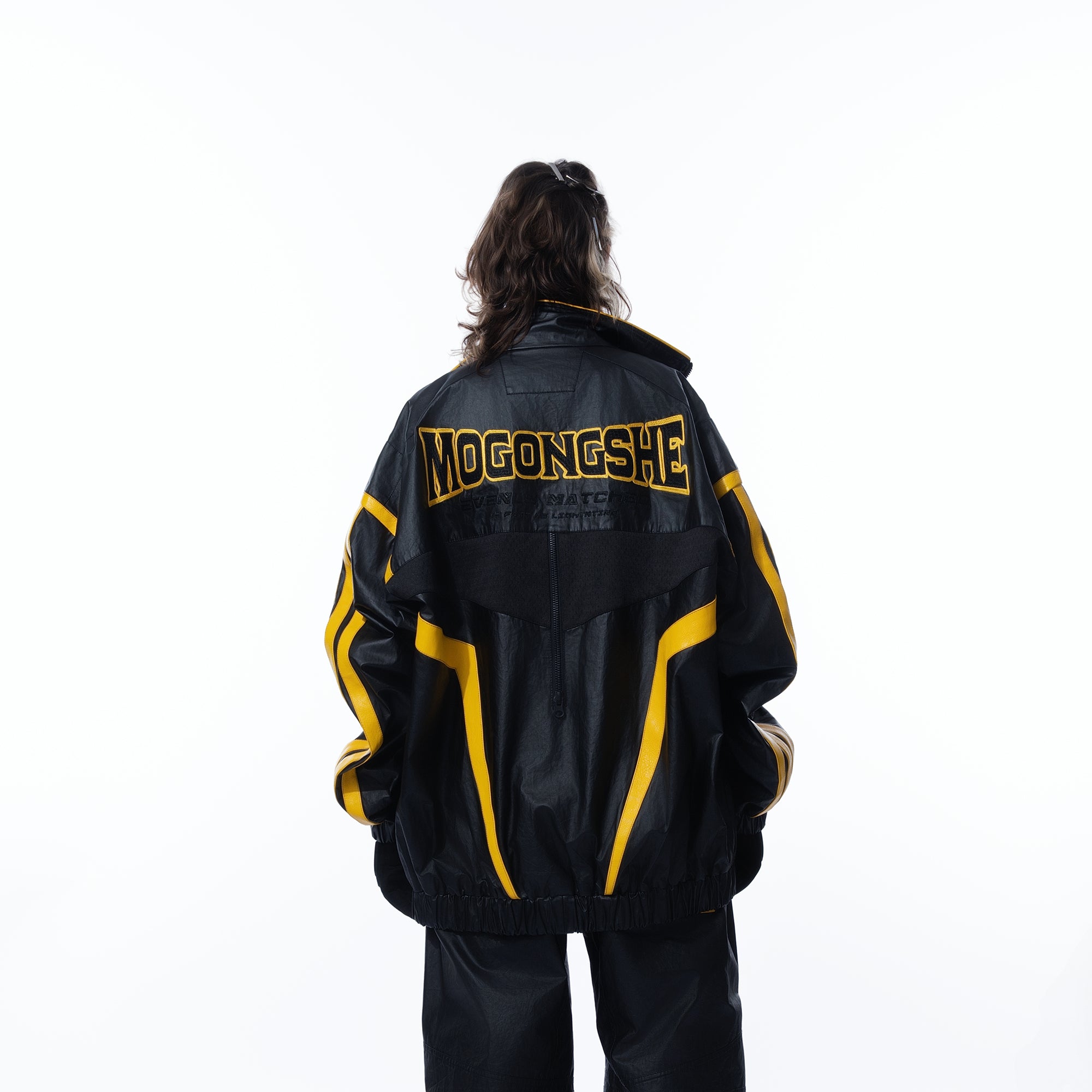 MOGONGSHE Contrast Stripe PU Moto Jacket