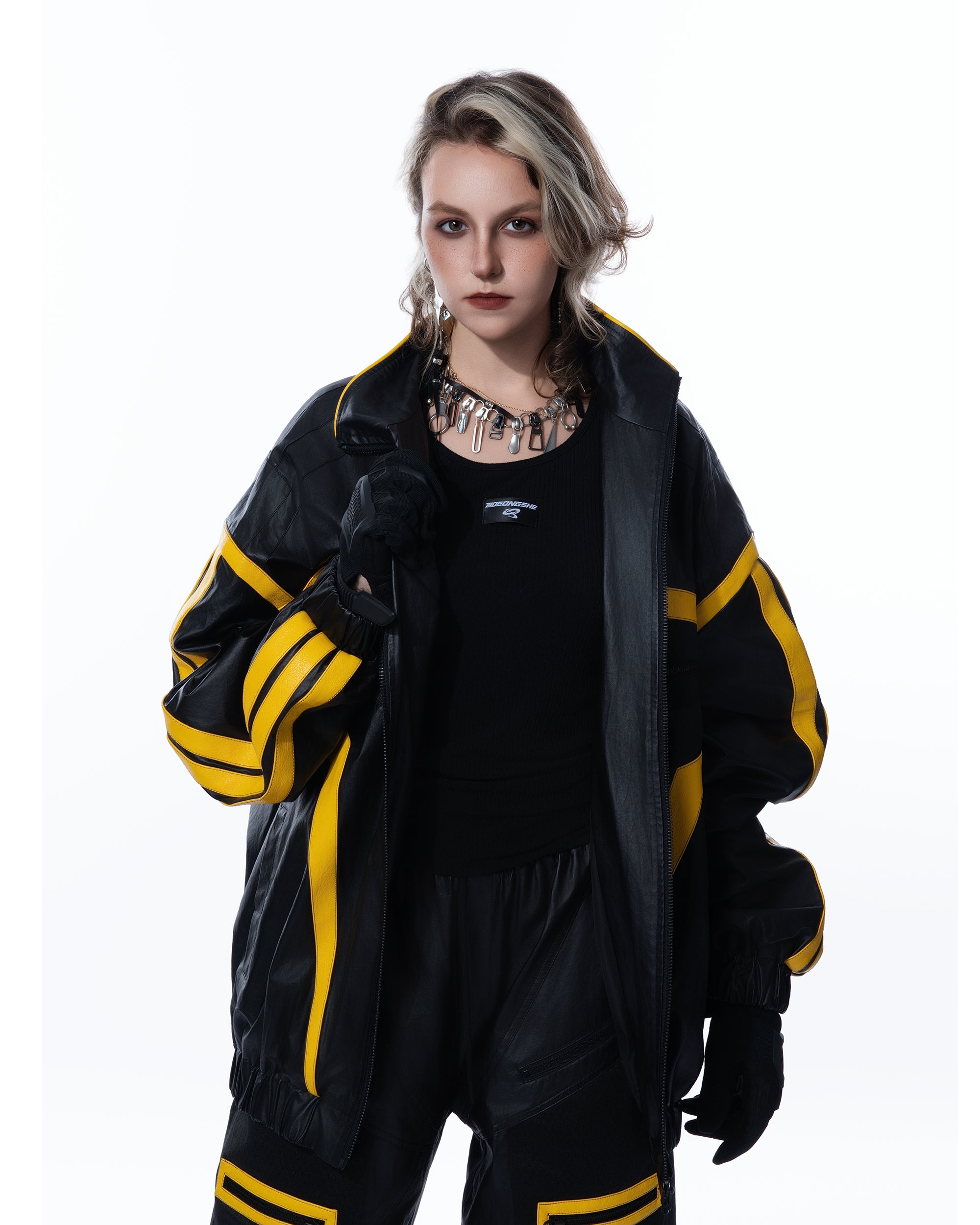 MOGONGSHE Contrast Stripe PU Moto Jacket