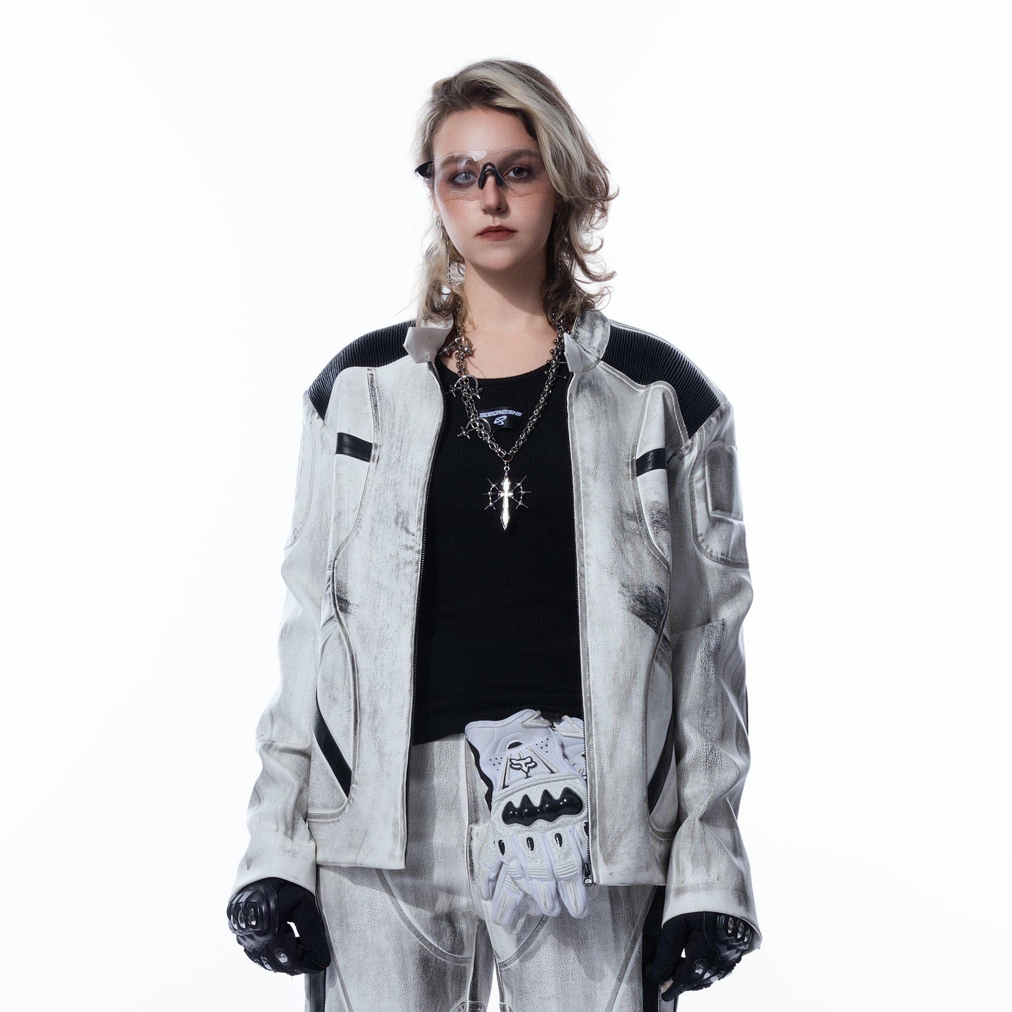 MOGONGSHE Distressed Techwear PU Moto Jacket