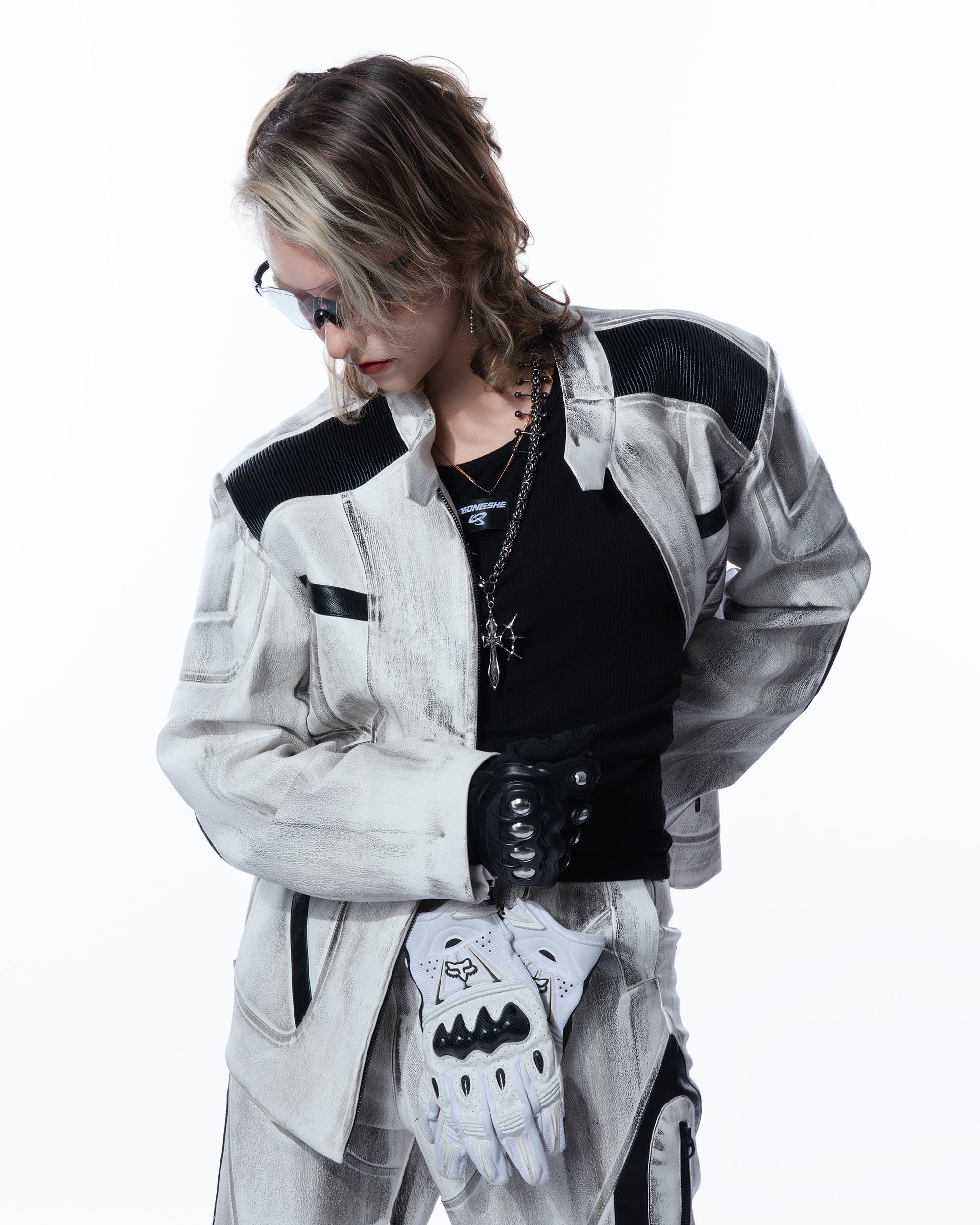 MOGONGSHE Distressed Techwear PU Moto Jacket