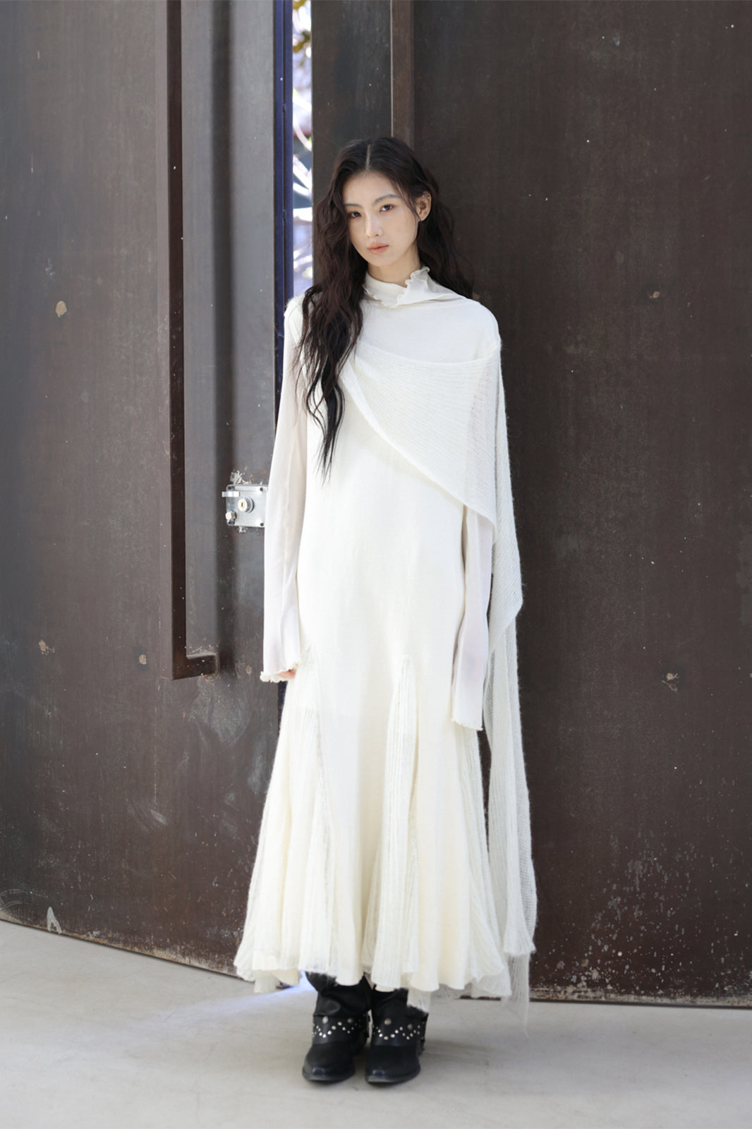 CHANGGUANG YUANZI Alpaca-Blend Drape Overlay Mesh-Panel Dress Set